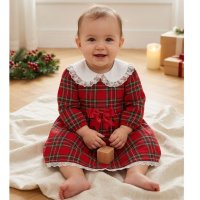 KWD04: Baby Girls Red Tartan Bow Dress With Lace Trim & Lining (0-4 years, Made in UK)